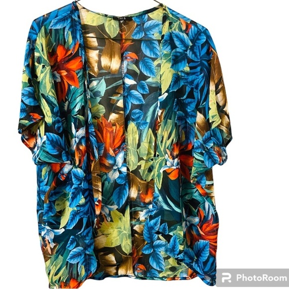 iris Tops - Iris Tropical Bright Floral Large Print Lightweight Kimono in Blue, & Orange.